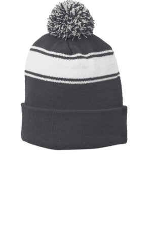 Stripe Pom Pom Beanie - Dark Grey