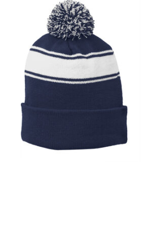 Stripe Pom Pom Beanie - Navy